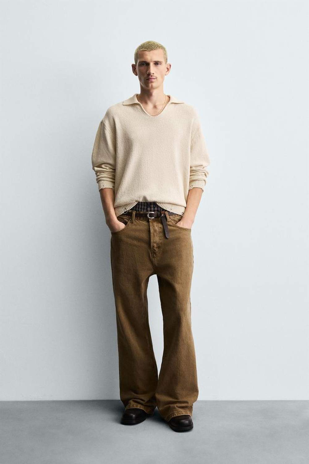 ZARA ТРИКОТАЖНОЕ ПОЛО С ЭФФЕКТОМ ПОТЕРТОСТИ, ЭКРЮ