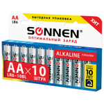 Батарейки комплект 10 шт. SONNEN Alkaline АА (LR6 15А) алкалиновые пальчиковые короб (6 штук в упаковке)