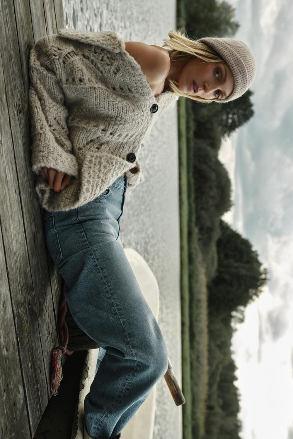 ZARА КАРДИГАН КРУПНОЙ ВЯЗКИ С АЖУРНЫМ УЗОРОМ, БЕЖЕВЫЙ