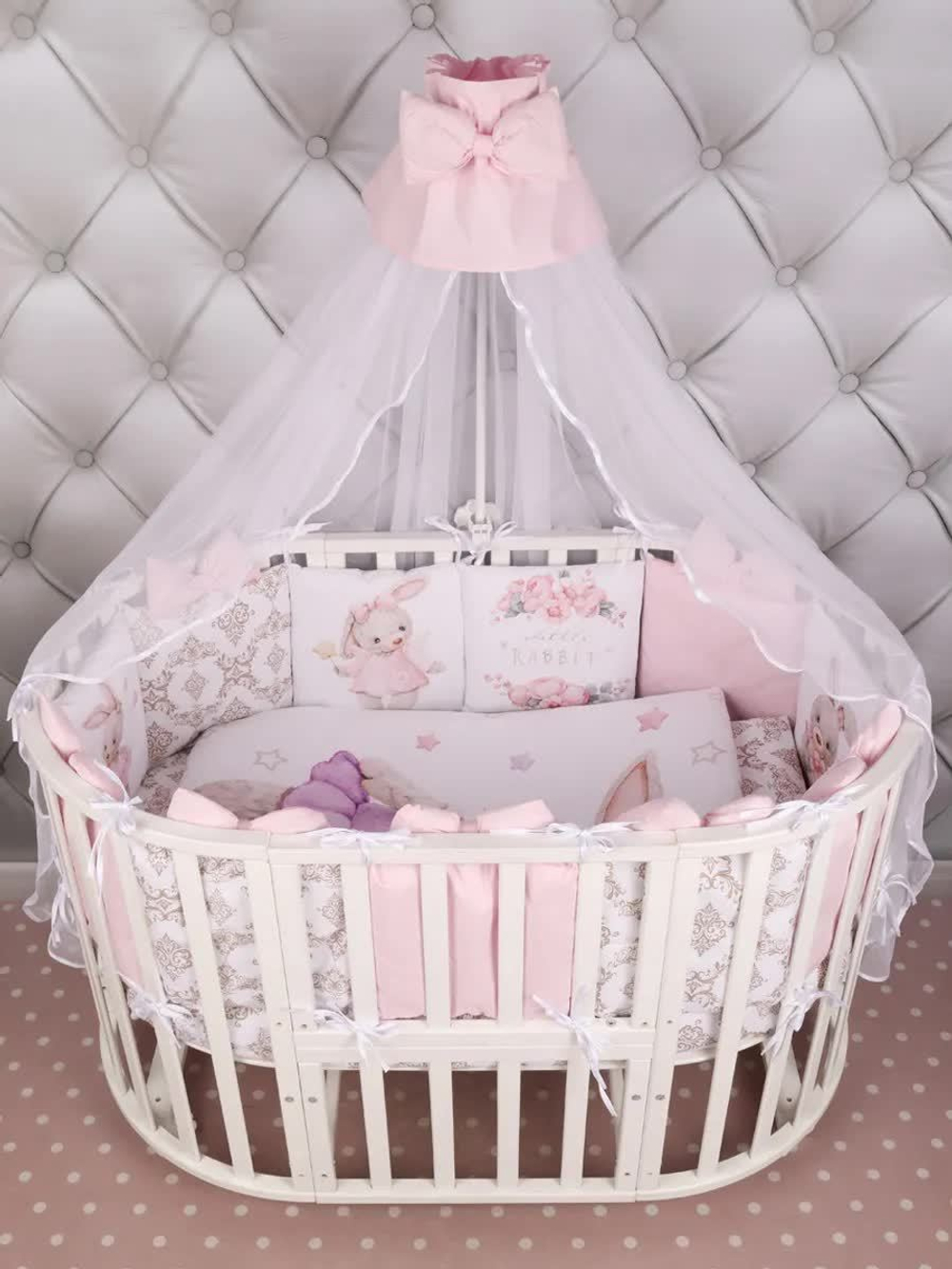 Комплект в кроватку 18 предметов "Заяц в платье" розовый, сатин