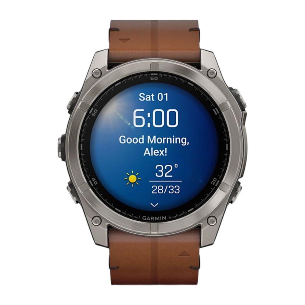 Спортивные часы Garmin fenix 8, 51 мм, AMOLED, каштановый кожаный ремешок, силиконовый ремешок цвета чёрный/«серая галька» Безель из титана, AMOLED-дисплей. Кожаный ремешок и силиконовый ремешок с классическими застёжками — на запястье обхватом 135–213 мм