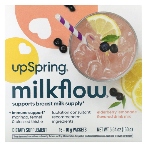 UpSpring, Milkflow®, смесь для приготовления напитка, лимонад с бузиной, 16 пакетиков по 10 г (0,35 унции)