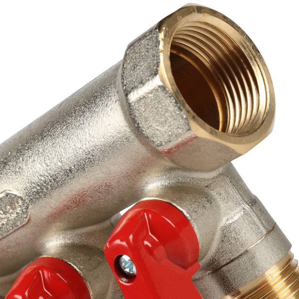 STOUT Коллектор с шаровыми кранами 3/4", 4 отвода 1/2" (красные ручки)