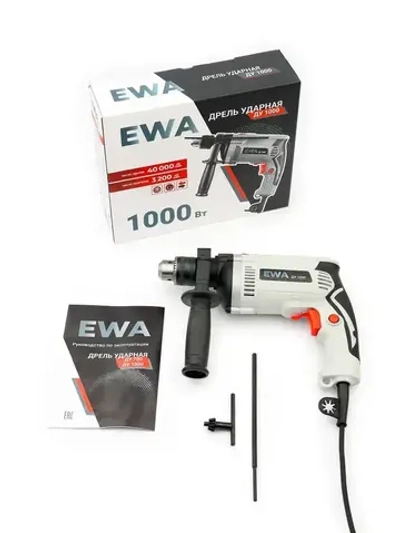 Дрель ударная электрическая , EWA ДУ 1000, 1000 Вт, регулировка оборотов 0-3200 об/мин, 40000 уд/мин, патрон 13 мм