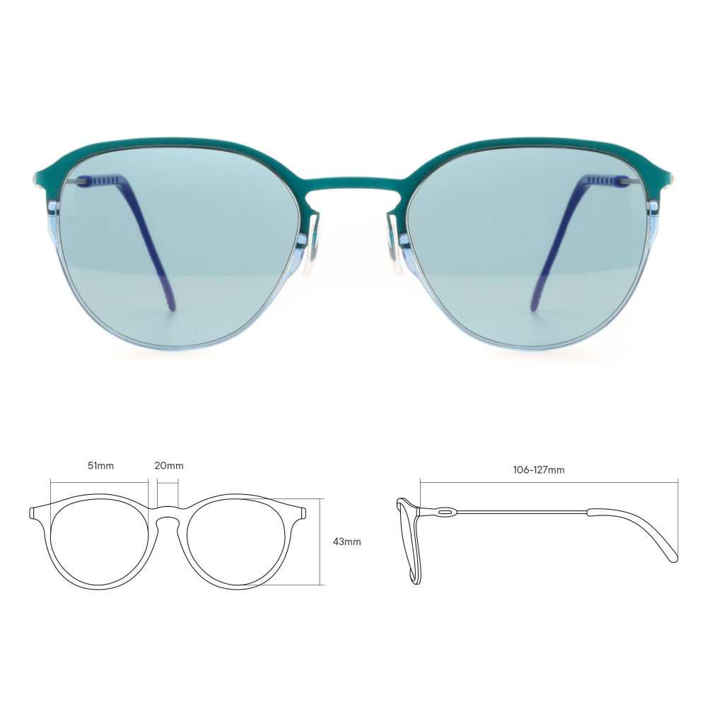 Бирюзовые солнцезащитные очки из титана со светло-синими линзами. Модель 21