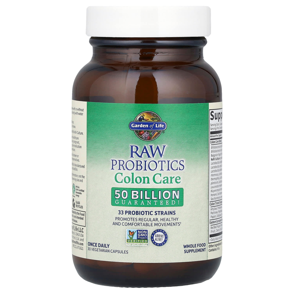 Garden of Life, RAW Probiotics, Colon Care, необработанные пробиотики для поддержки здоровья кишечника, 30 вегетарианских капсул