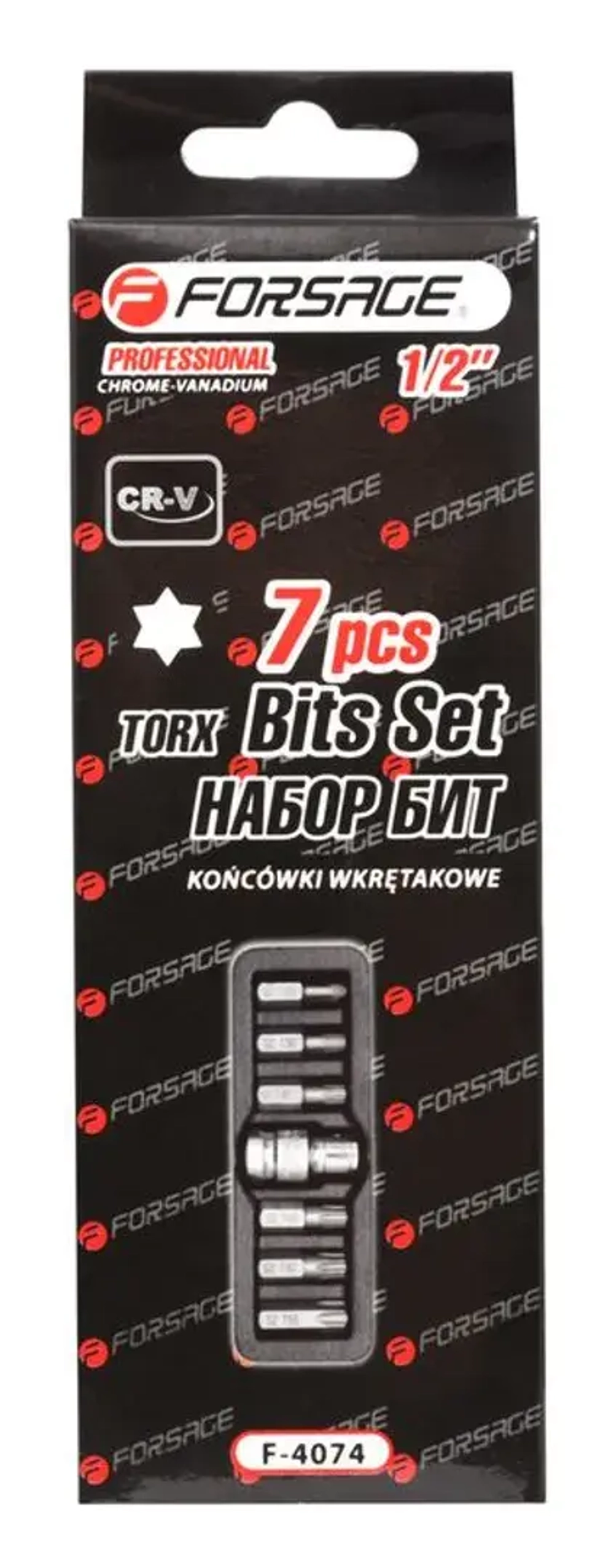 Набор бит TORX с битодержателем,7пр.1/2''(L:30мм,Т25,Т30,Т40,Т45,Т50,Т55), в ложементе Forsage F-4074