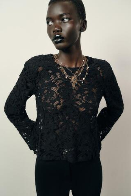 ZARA КРУЖЕВНОЙ ТОП С ПОДПЛЕЧНИКАМИ, ЧЕРНЫЙ
