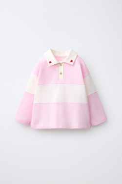 ZARA ПОЛО С ВЫШИТЫМИ СЕРДЦАМИ, БЕЛЫЙ/РОЗОВЫЙ
