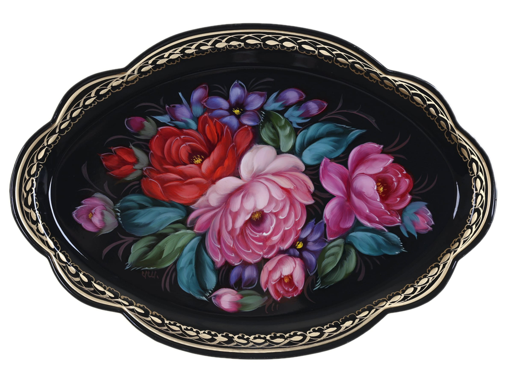 Жостовский поднос декоративный, размер 32х22 см (A11), металлический