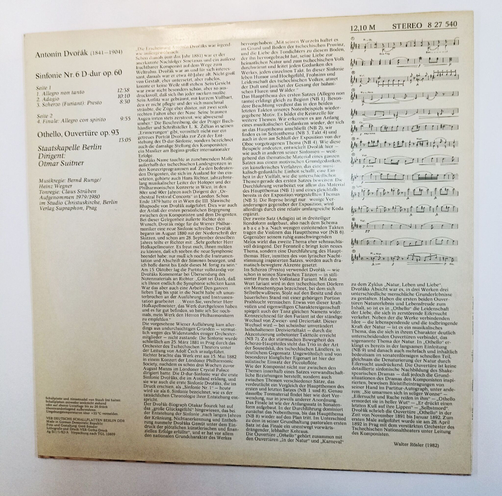 Винтажная виниловая пластинка LP Dvorak Дворжак, Otmar Suitner, Staatskapelle Berlin Sinfonie Nr. 6 D-dur Op. 60 Othello Op. 93 (GDR 1982)