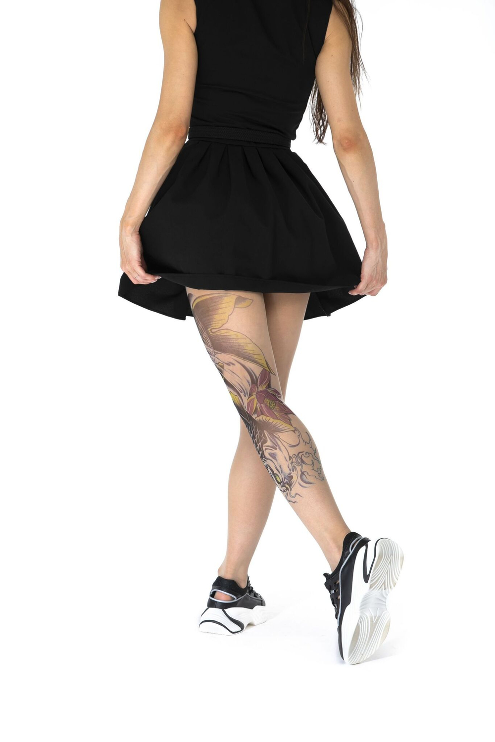 Колготки с принтом в виде черного карпа кои на левой ножке (Размер: S-M-L) (Цвет: бежевый)