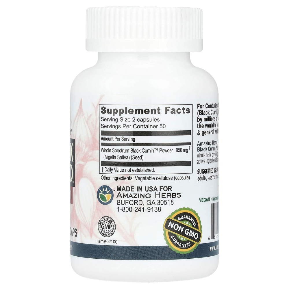 Amazing Herbs, Black Seed™, оригинальный состав без добавок, 100 вегетарианских капсул (475 мг в 1 капсуле)