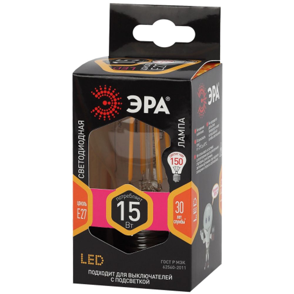 Лампа светодиодная ЭРА F-LED A60-15W-827-E27 Е27 / Е27 15Вт филамент груша теплый белый свет | Филаментные декоративные