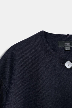 ZARA КОРОТКОЕ ПАЛЬТО ИЗ СМЕСОВОЙ ШЕРСТИ С ШАРФОМ, МОРСКОЙ СИНИЙ