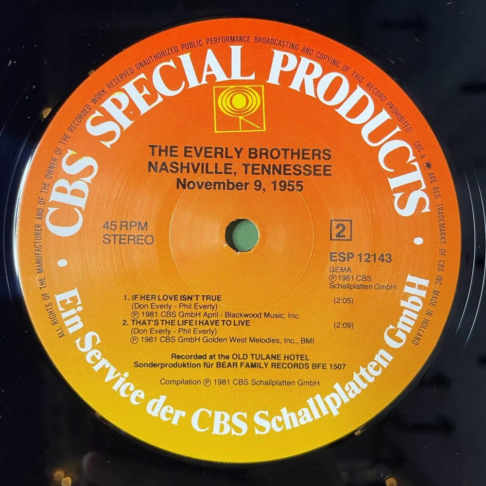 Винтажная виниловая пластинка LP The Everly Brothers Nashville Tennessee, November 9, 1955 (Germany 1981) 45 RPM