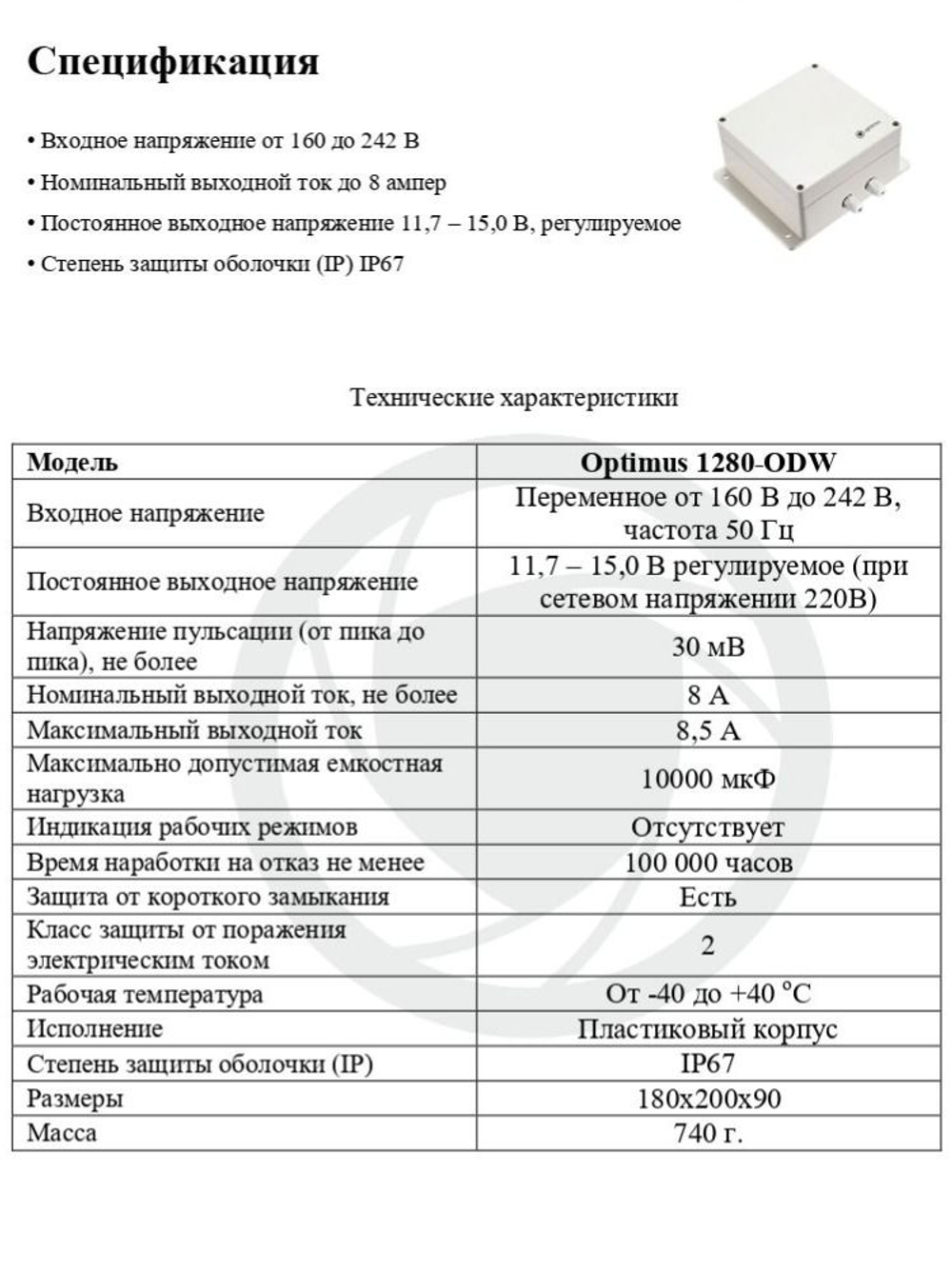 Блок питания Optimus 1280-ODW