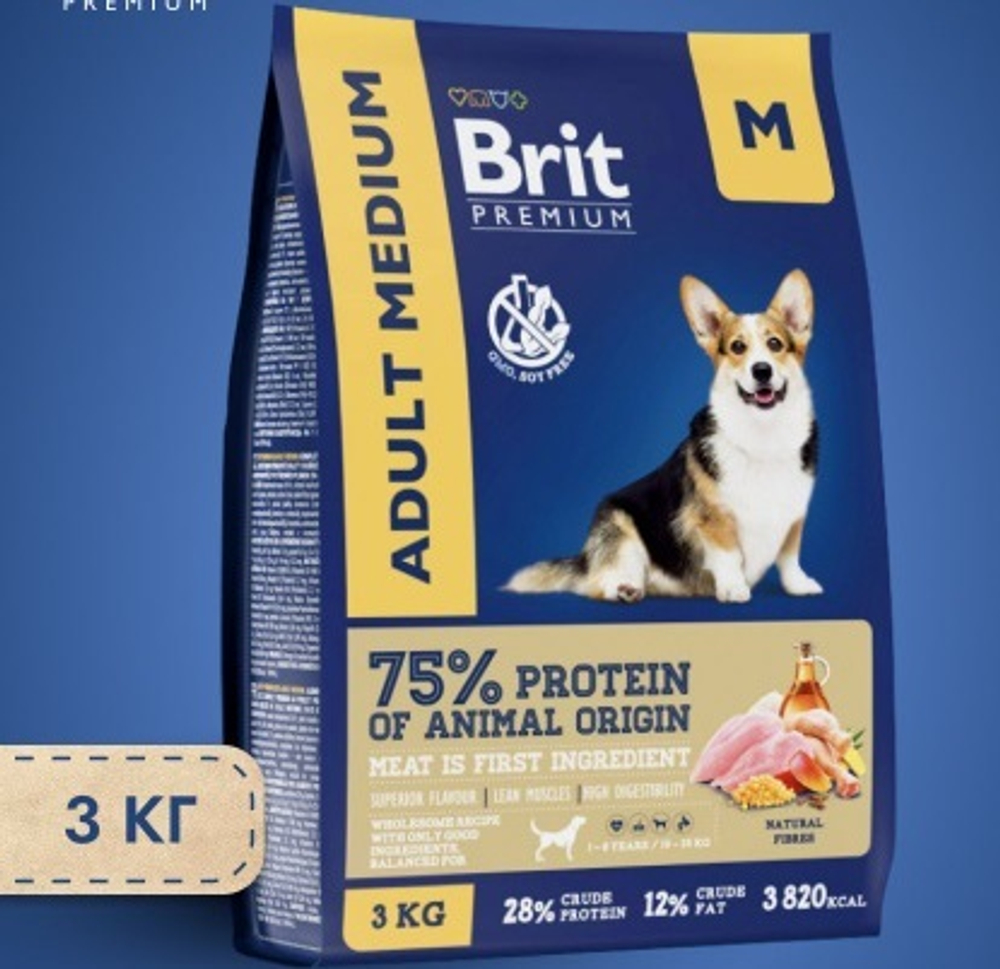 BRIT PREMIUM, Сухой корм с курицей для взрослых собак средних пород "Dog Adult Medium", 3кг, 5049950