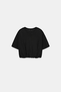 ZARA УКОРОЧЕННАЯ ФУТБОЛКА С ОБЪЕМНЫМ НИЗОМ, ЧЕРНЫЙ