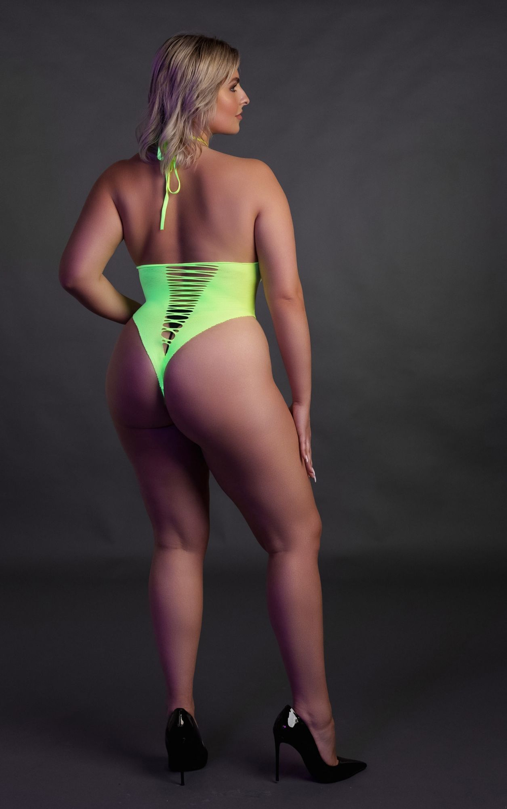 Зеленое неоновое боди +size с имитацией шнуровки (Размер: XL-4XL) (Цвет: зеленый)