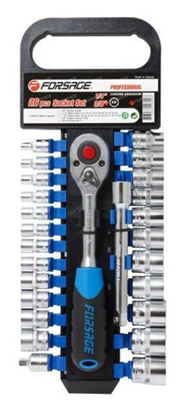 1/4''&amp; 3/8''Набор головок с трещоткой в пластиковом держателе 25пр.6гр (4,5-19мм) Forsage F-025-5 MSA