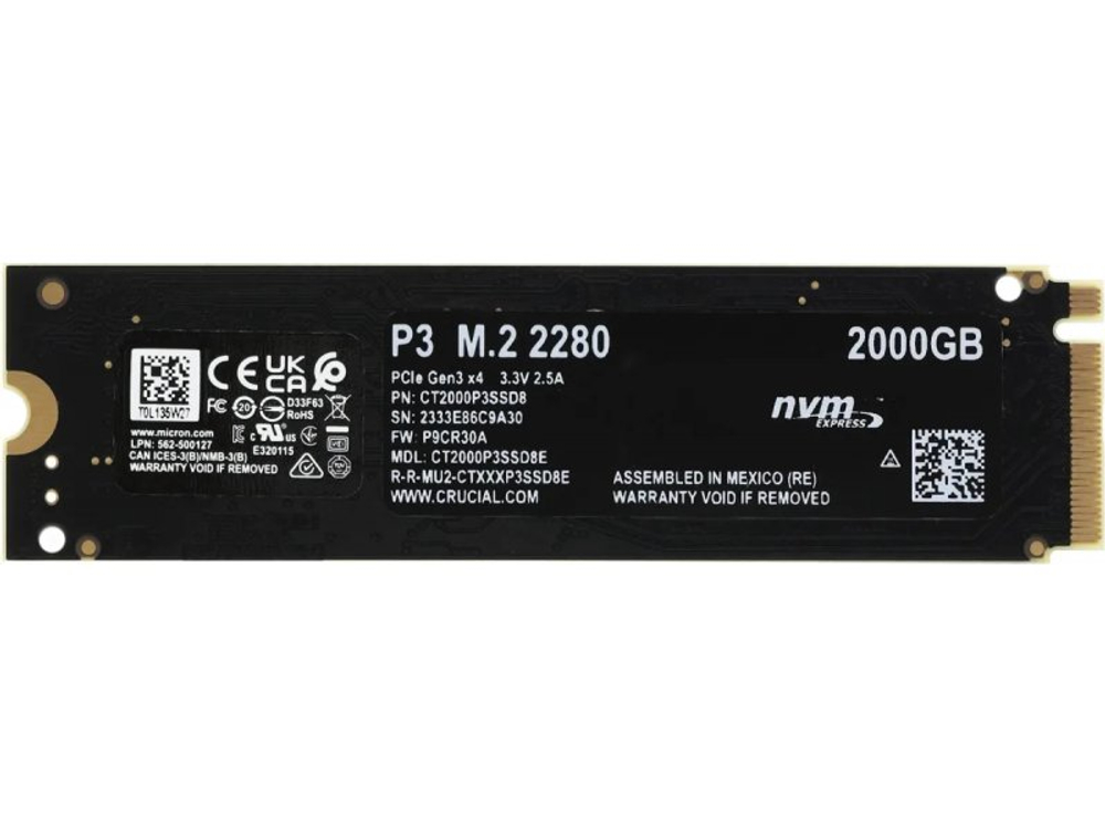 SSD накопитель Crucial P3 2ТБ, M.2 2280, PCIe 3.0 x4, NVMe [CT2000P3SSD8]