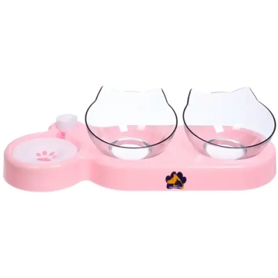 Миски пластиковые на подставке 2шт с дозатором под бутылку «МУРОЧКИН», цвет пудровый, 22*40*14*13см/250мл без бутылки