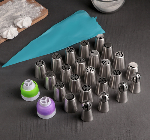 Набор кондитерский, 27 предметов в кейсе: 24 насадки d=3,7 см, 2 адаптера, мешок 30×15 см, насадки МИКС