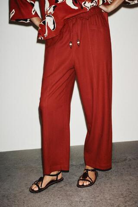 ZARA БРЮКИ ИЗ ЛЬНА СО ШНУРКОМ И БУСИНАМИ, ЧЕРЕПИЧНЫЙ