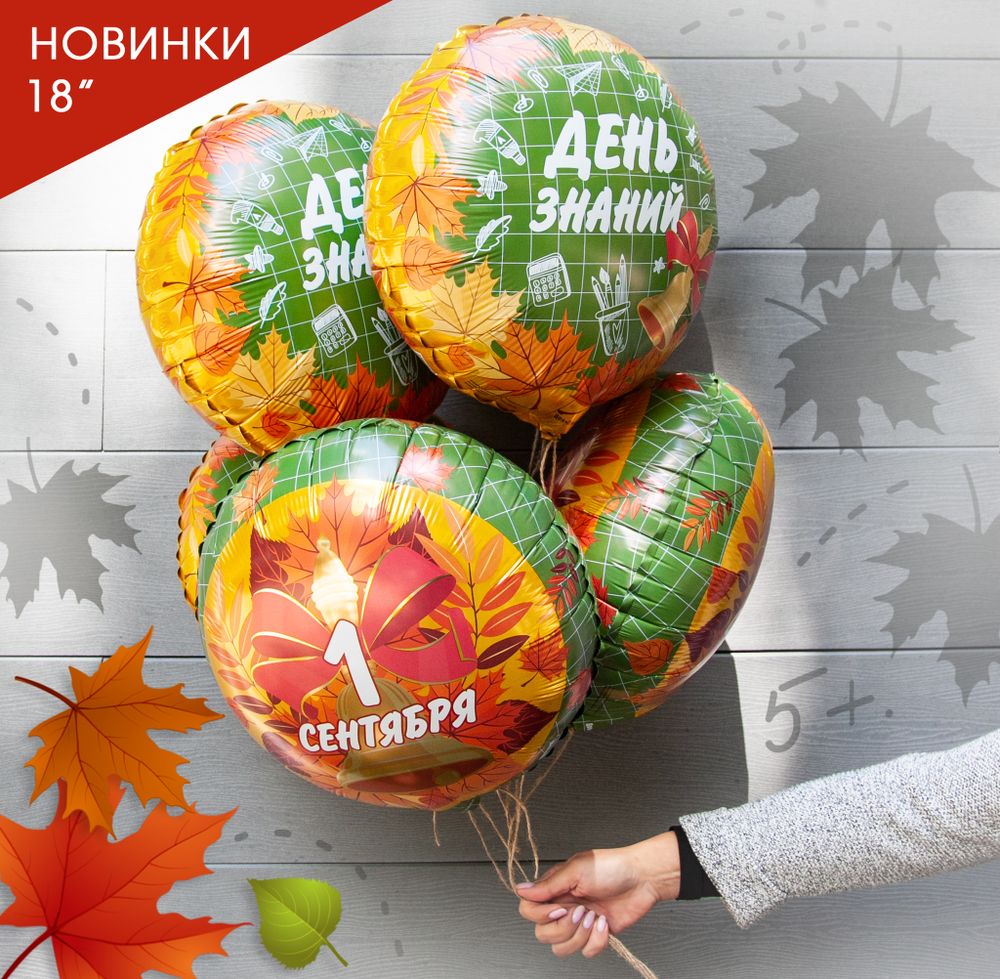 Шар (18"/46 см) Круг, 1 Сентября (колокольчик и листья), Зеленый