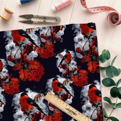 Ткань бифлекс снегирь с рябиной