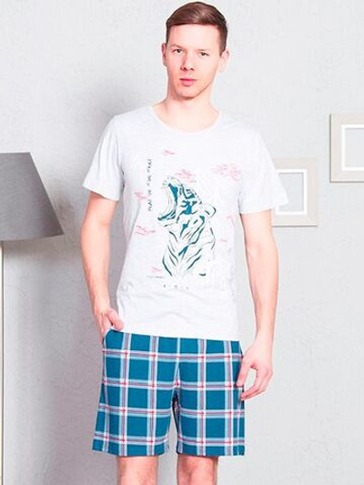 Трикотажный комплект с шортами в клетку (Размер: XL) (Цвет: серый с голубым)