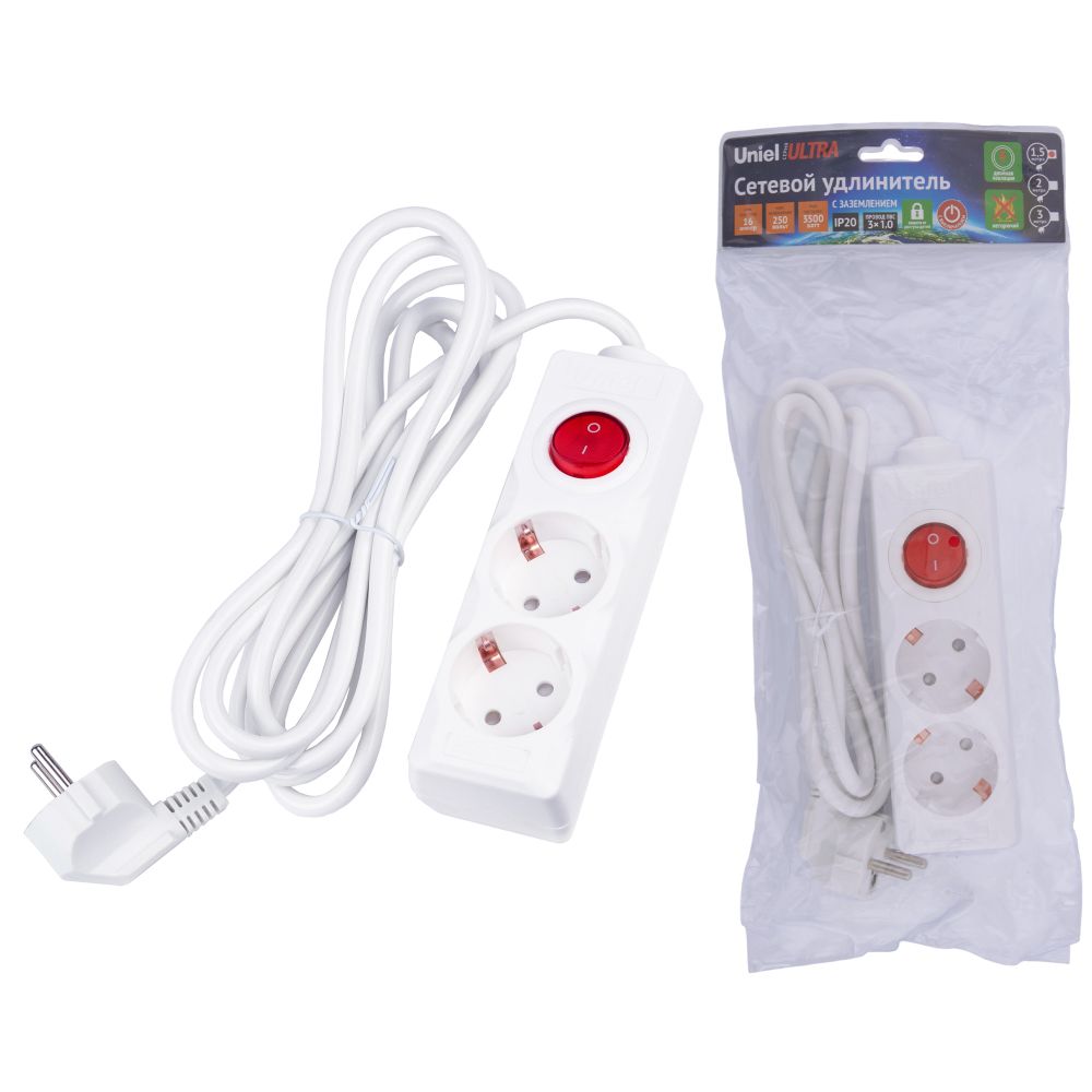 S-GCU2-1.5B WHITE Удлинитель серии Ultra. шнур 1.5м.. 2 гнезда. 16A. с-з. Белый. TM Uniel