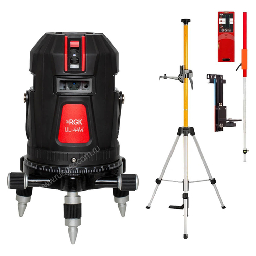 Комплект: лазерный уровень RGK UL-44W Black с калибровкой + штанга-упор, приемник, рейка, кронштейн