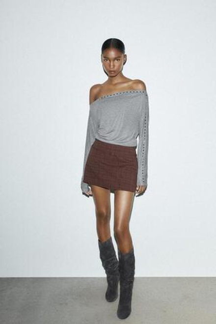 ZARA ЮБКА-ШОРТЫ С РЕМНЕМ, СЕРО-ГРАНАТОВЫЙ