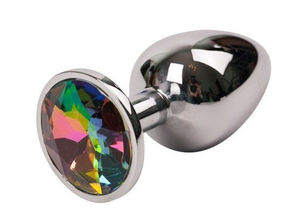 Серебряная металлическая анальная пробка с радужным стразиком - 7,6 см. (Цвет: разноцветный)
