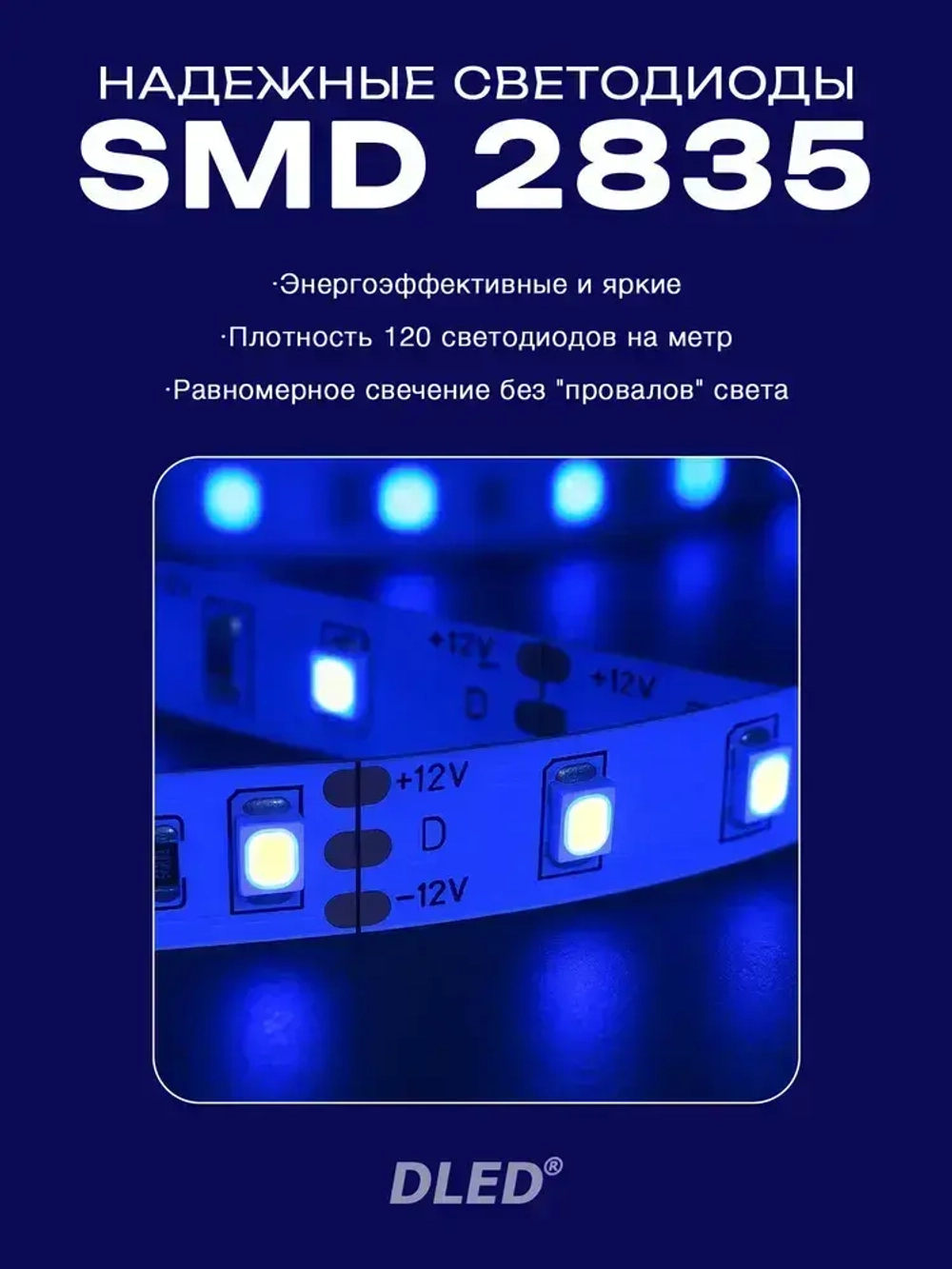 Светодиодная лента синяя длина 5м IP22 SMD 2835 120led/m 12V DC 48W от DLED