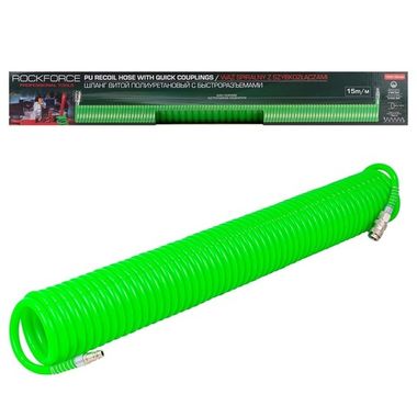 Шланг витой полиуретановый 12мм х 8мм х 15м с быстроразъемами RockForce RF-1208-15Green