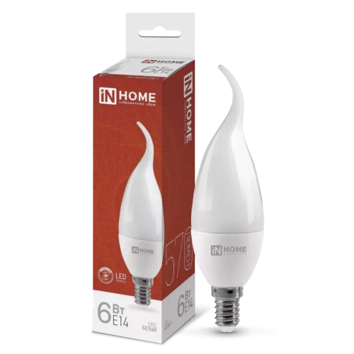 Лампа светодиодная LED-СВЕЧА НА ВЕТРУ-VC 6Вт 230В Е14 4000К БЕЛЫЙ ЦВЕТ 540Лм IN HOME