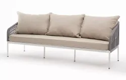 "Канны" диван 3-местный плетеный из роупа, каркас алюминий белый муар, роуп светло-серый круглый, ткань бежевая 15052