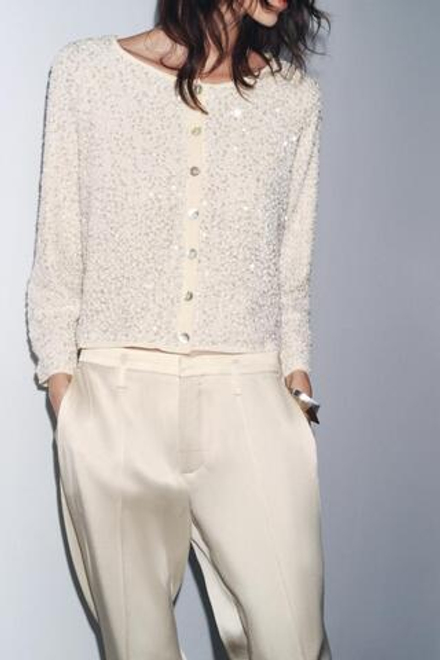 ZARA КАРДИГАН С ПАЙЕТКАМИ, ЭКРЮ