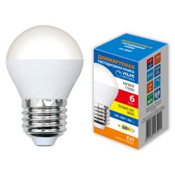LED-G45-6W-3000K-E27-FR-DIM-SLS Лампа светодиодная. диммируемая. Форма шар. матовая. Теплый белый свет 3000K. ТМ Volpe