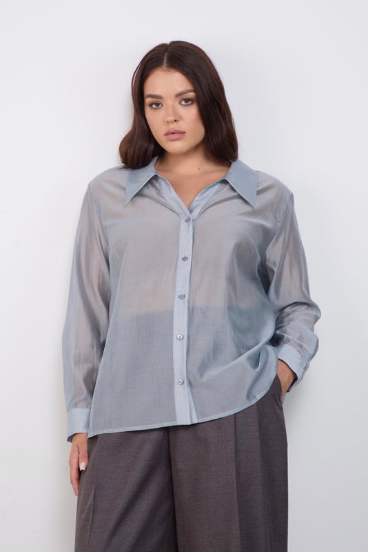 Блузка из тенселя с отложным воротником, серо-голубой