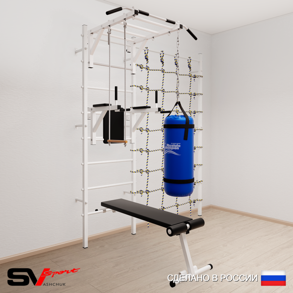 Шведская стенка Sv Sport усиленная 65310 (Турник рукоход/Брусья/Скамья/Трапеция/Цепь/Мешок 15кг/Канатный лаз)