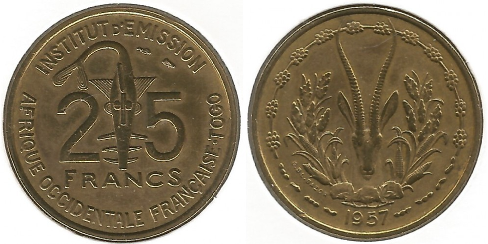 Французская Западная Африка 25 франков, 1957 Газель XF