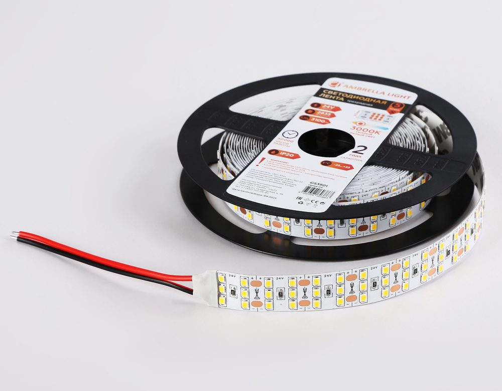 Светодиодная лента трехрядная GS3901 2835 324Led/ 26W m/ 24V IP20 3000K/ 5000*18*1.2mm/ кратность резки 18.5mm (2 конт.)