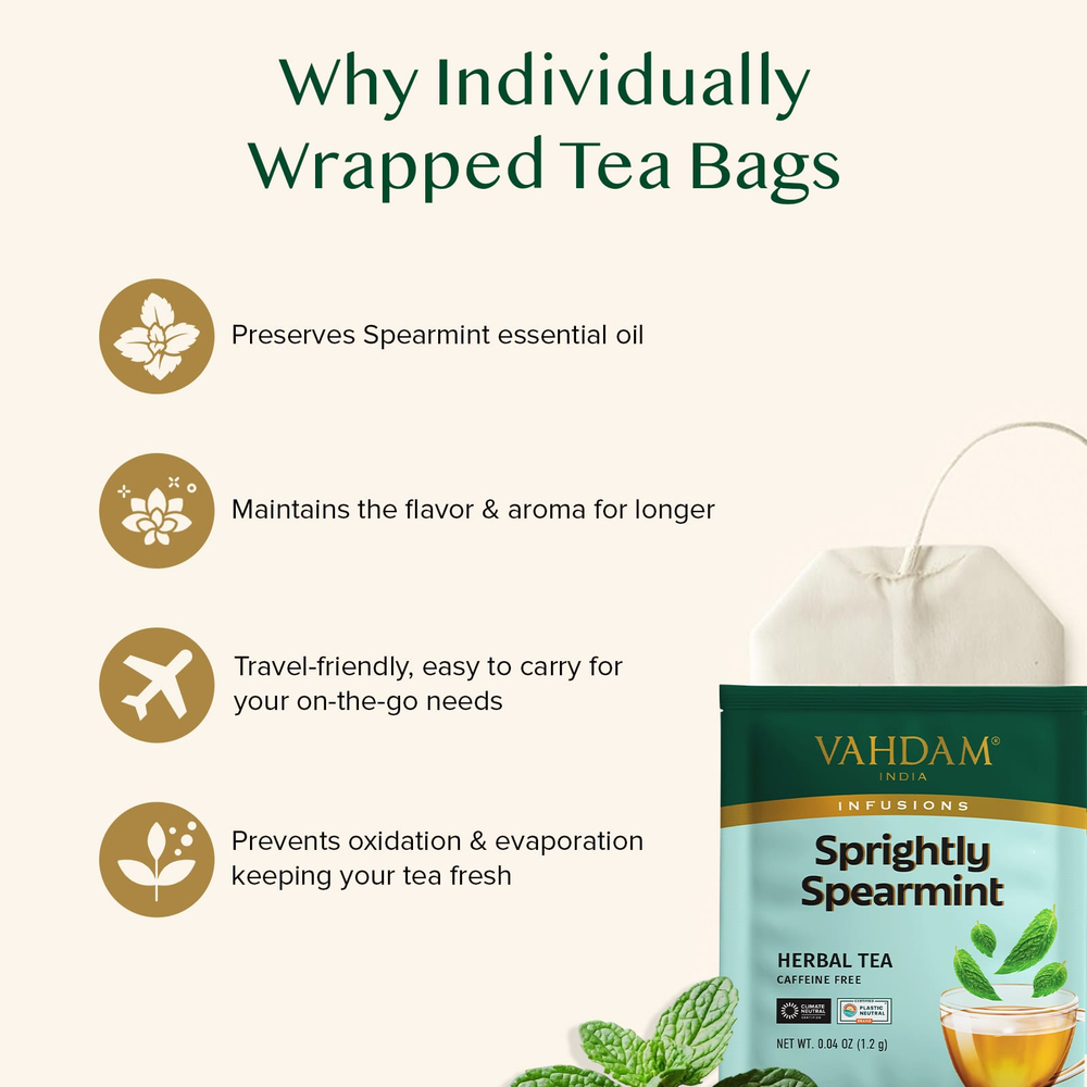 VAHDAM India, Infusions, травяной чай, мята колосистая, без кофеина, 100 пакетиков для заваривания, 120 г (4,23 унции)