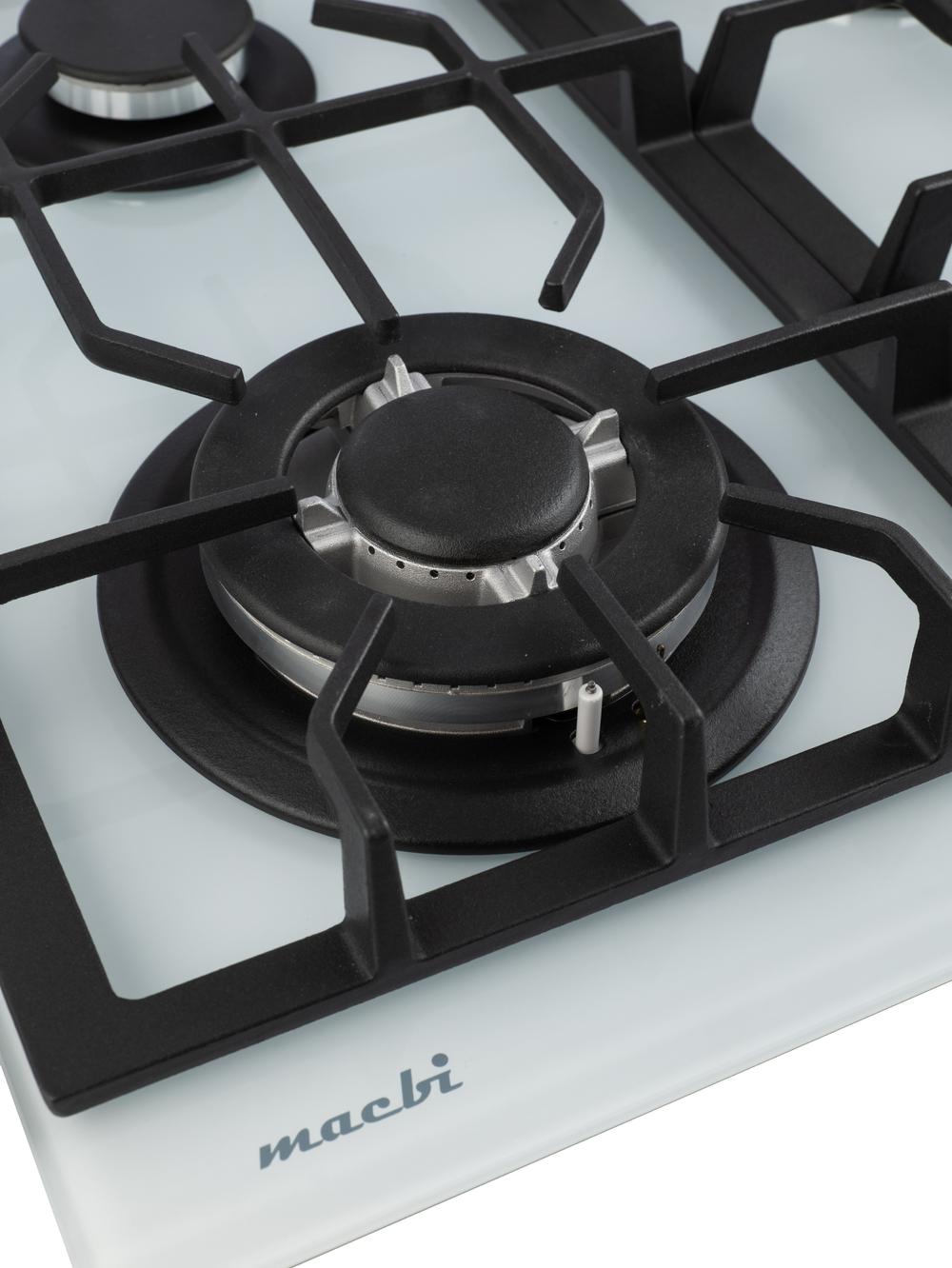 Газовая варочная панель шириной 60 см, Macbi MBH64WFGI.V2-WH с Wok-конфоркой, Белое закаленное стекло, Электроподжиг, Газ-контроль, Решетки из чугуна