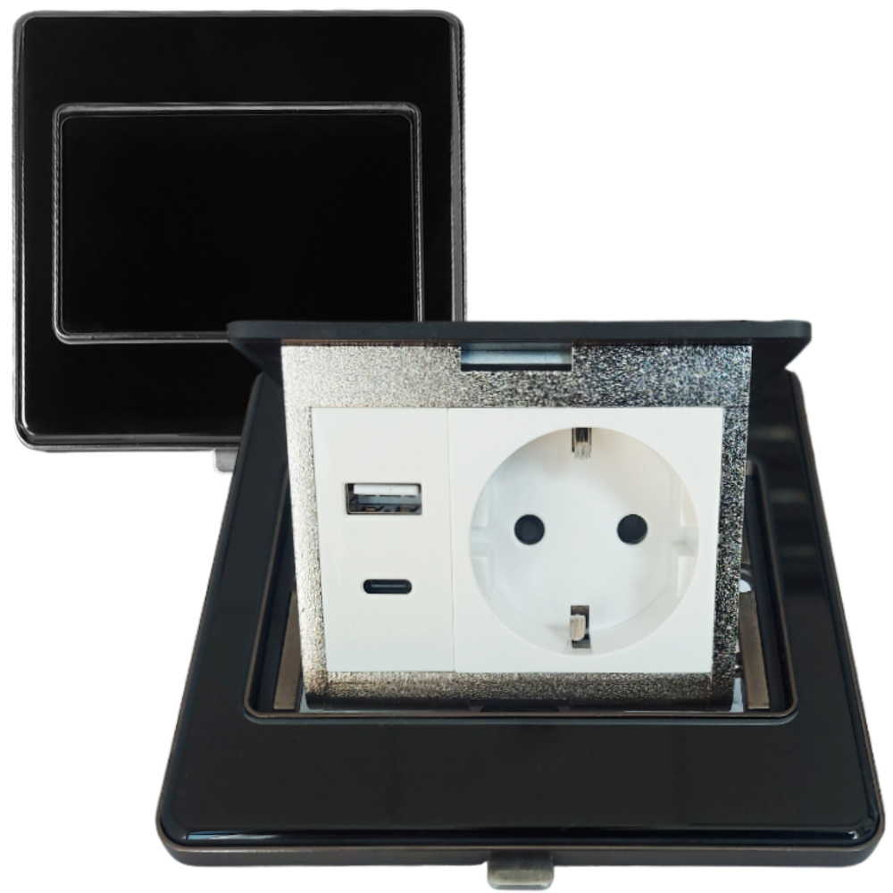 Лючок в пол стеклянный 1-РОЗЕТКА + USB+TYPE-C (цвет черный)