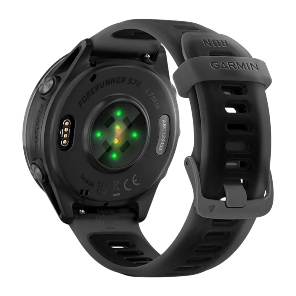 Спортивные часы Garmin Forerunner 570, 47 мм, силиконовый ремешок цвета «полупрозрачный чёрный»/чёрный Сланцево-серый алюминиевый безель, AMOLED-дисплей с Gorilla Glass 3. Ремешок с классической застёжкой — на запястье обхватом 135–205 мм